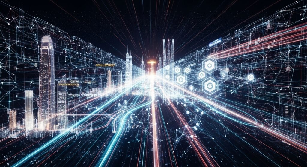 전 세계 금융 시장의 자금 이동과 이를 보호하는 디지털 보안망 시각화