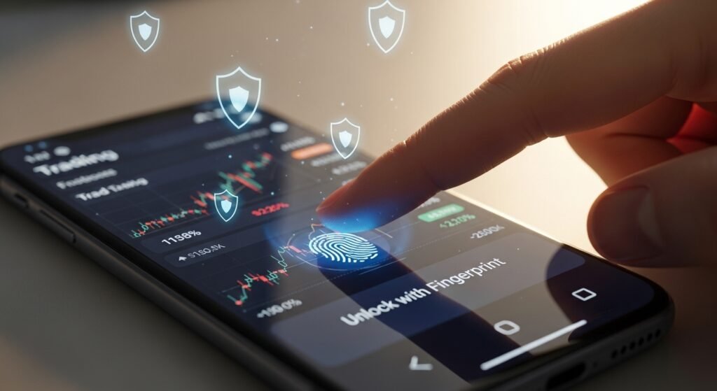 스마트폰에서 생체 인식을 통해 투자 앱에 접속하는 보안 강화 장면