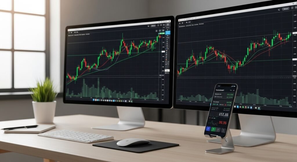 듀얼 모니터를 통해 금융 데이터와 앱 보안 지표를 모니터링하는 전문가