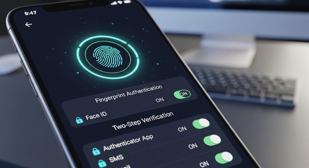 스마트폰 앱 보안 설정을 위한 2단계 인증(2FA) 및 생체 인식 설정 화면